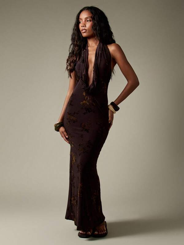 Missguided MISSGUIDED Velvet Burnout Halter Neck Deep Plunge Neckline Open Back Maxi Dress