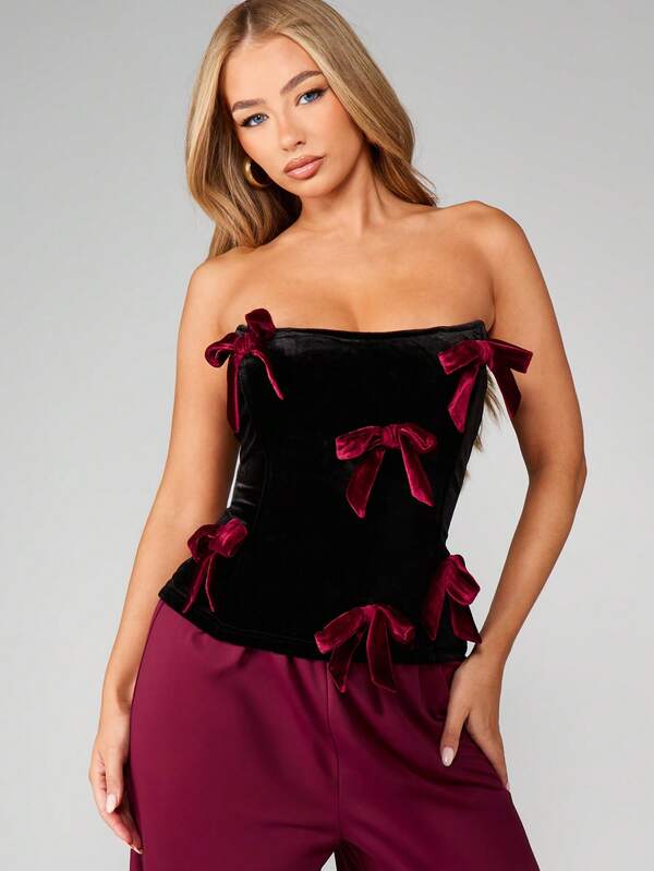 missguided MISSGUIDED Velvet Corset Top With Bow Details