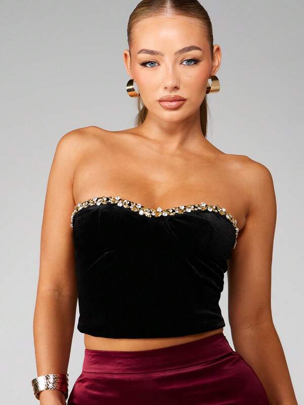 Missguided MISSGUIDED Velvet Corset Top With Crystal Trim