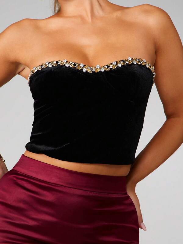 missguided MISSGUIDED Velvet Corset Top With Crystal Trim