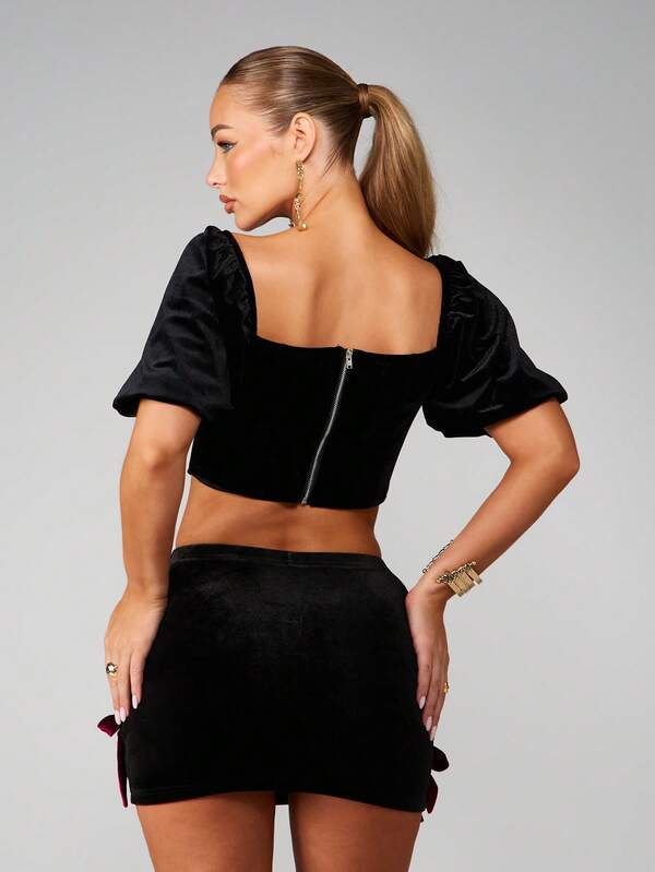 Missguided MISSGUIDED Velvet Corset Top With Puff Sleeves