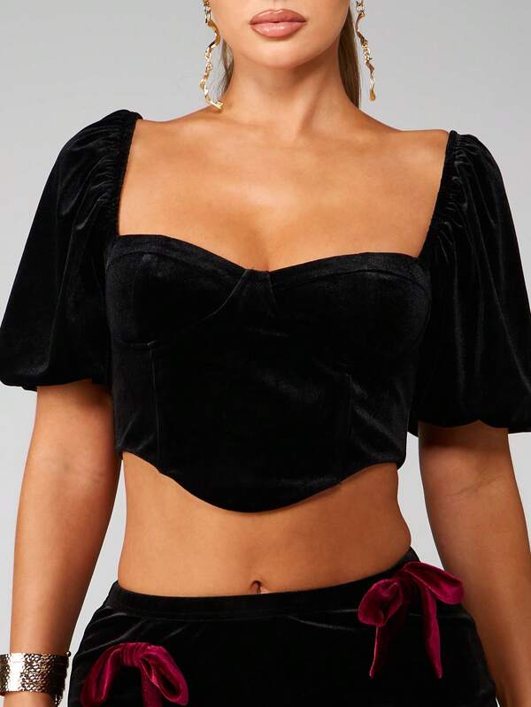 Missguided MISSGUIDED Velvet Corset Top With Puff Sleeves