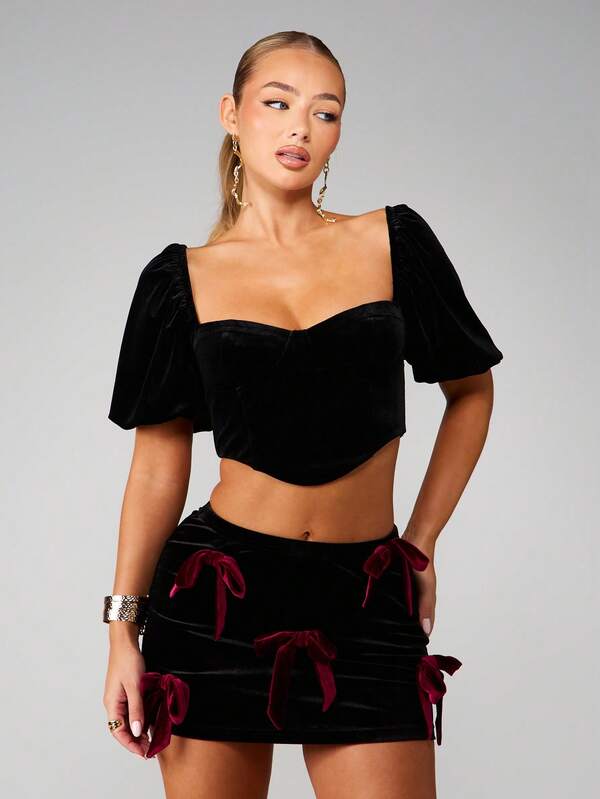 missguided MISSGUIDED Velvet Corset Top With Puff Sleeves