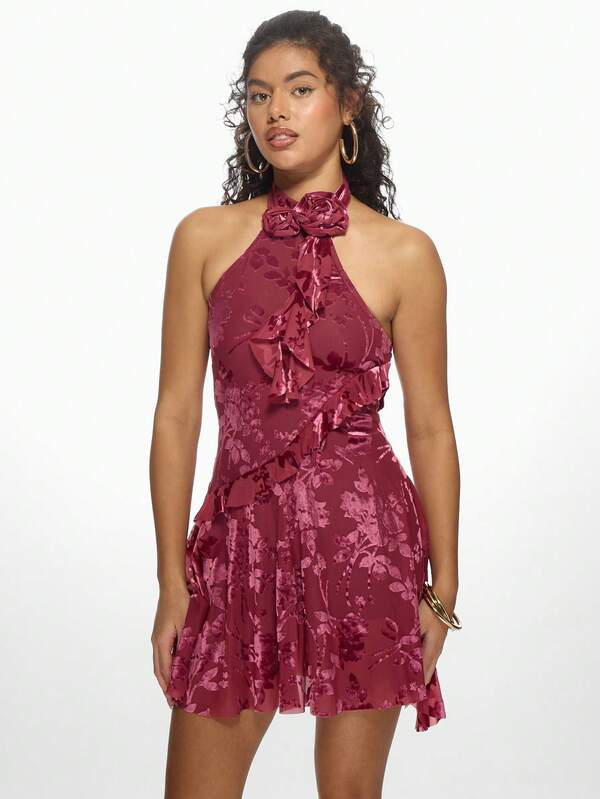Missguided MISSGUIDED Velvet Floral Burnout Ruffled Halter Mini Dress