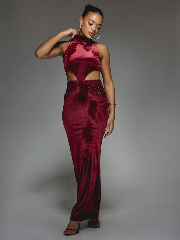 missguided MISSGUIDED Velvet High Neck Cut Out Maxi Dress With Metal Detail