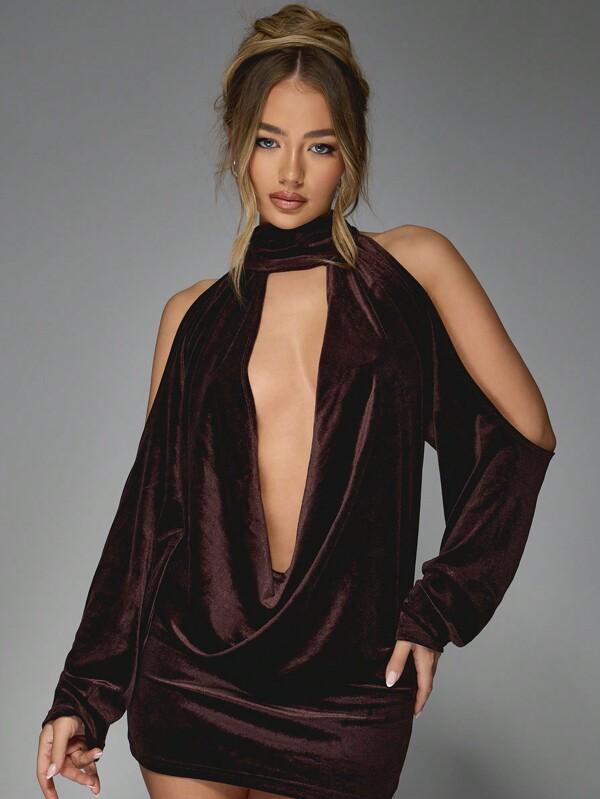 Missguided MISSGUIDED Velvet Plunge Neck Mini Dress With Cold Shoulders