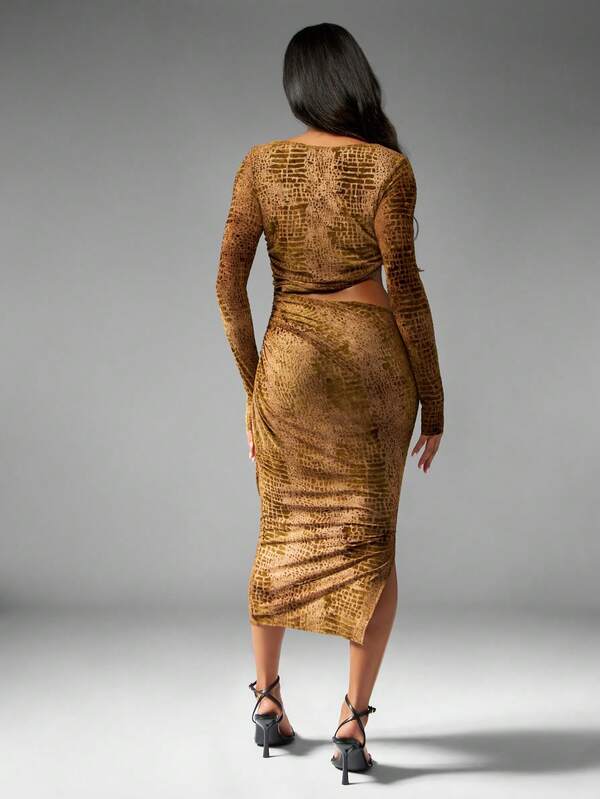 Missguided MISSGUIDED Velvet Snake Print Cowl Neck Bodycon Midi Dress