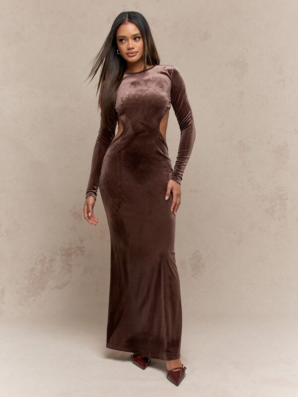 missguided MISSGUIDED Velvet Twist Cut-Out Back Long Sleeves Maxi Dress
