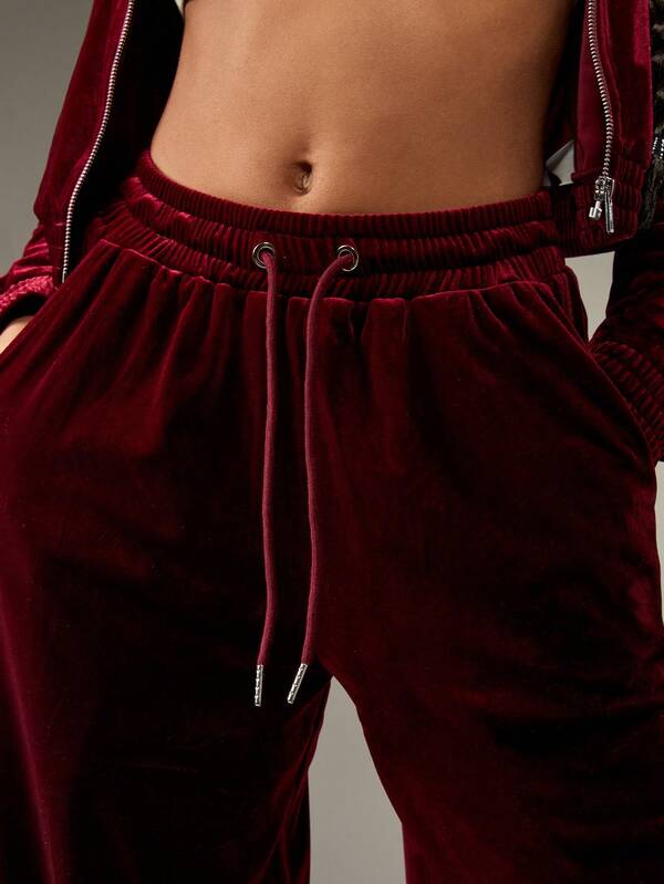 Missguided MISSGUIDED Velvet Wide Leg Palazzo Pants With Drawstring