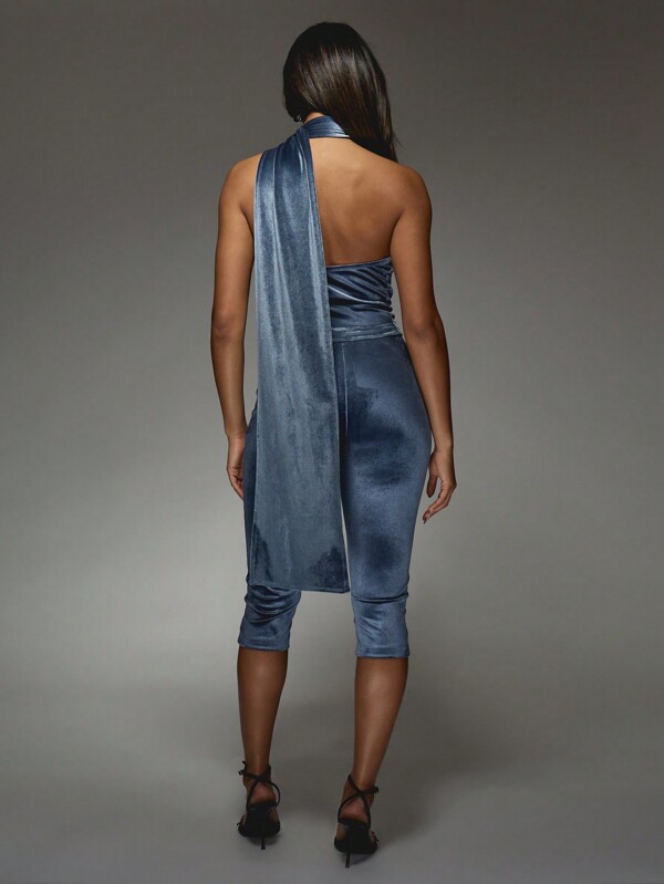 Missguided MISSGUIDED Velvet Wrap Neck Detail Asymmetric One Shoulder Top ANd Fitted Capri Pants Two Piece Co Ord Set