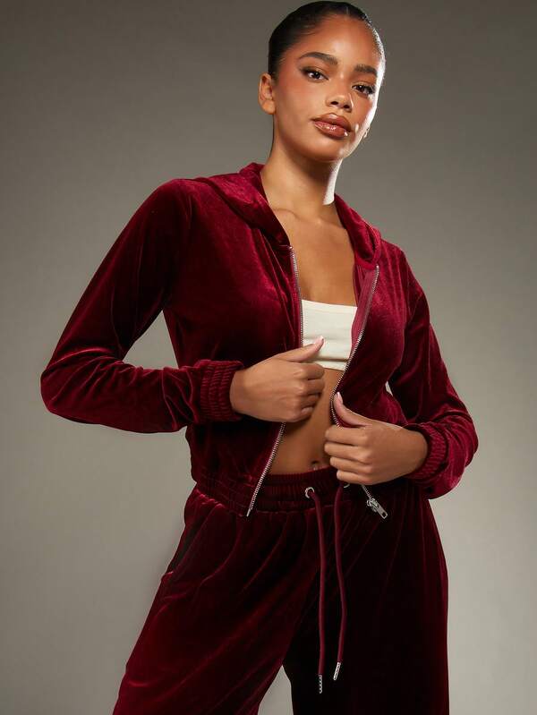 Missguided MISSGUIDED Velvet Zip Through Cropped Hoodie With Drawstring