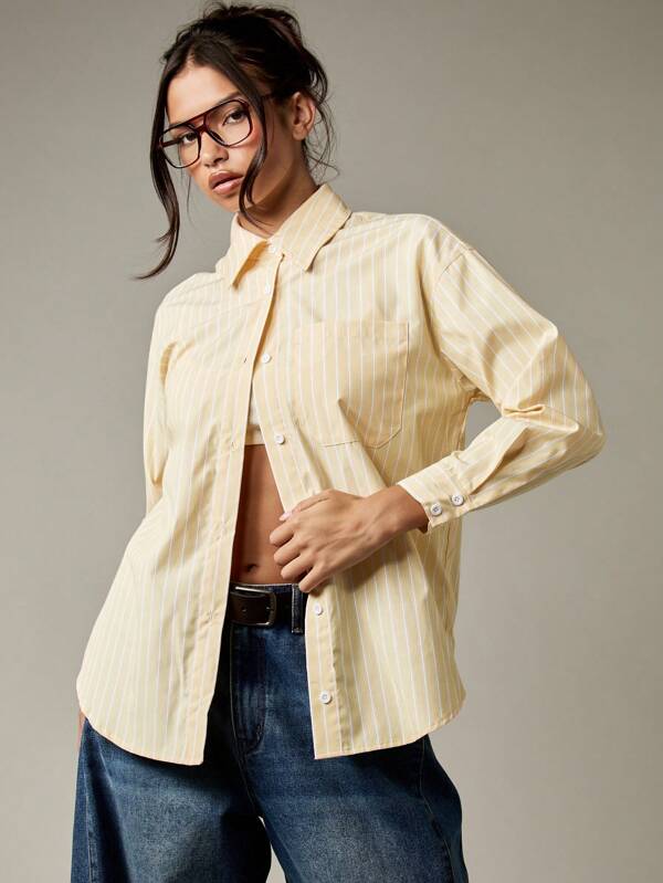 missguided MISSGUIDED Vertical Striped Button Down Collared Shirt With Long Sleeves