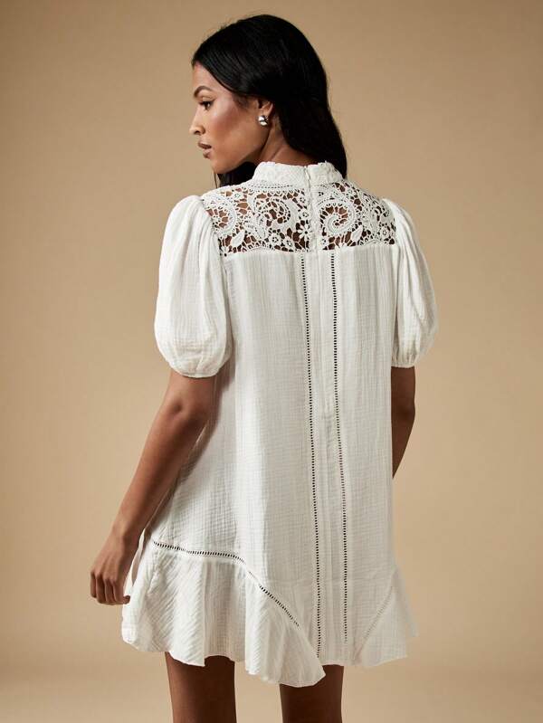 Missguided MISSGUIDED Victorian Inspired High Neck Crochet Lace Puff Sleeves Ruffle Hem Mini Dress