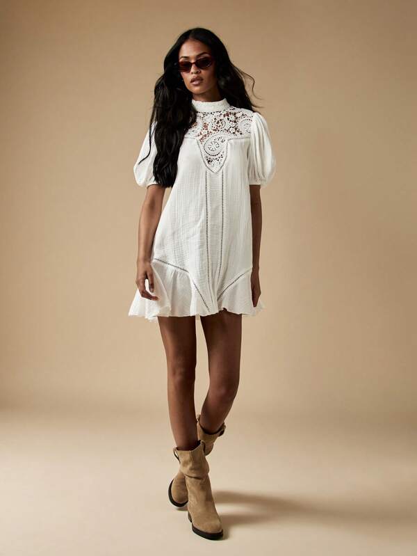 Missguided MISSGUIDED Victorian Inspired High Neck Crochet Lace Puff Sleeves Ruffle Hem Mini Dress
