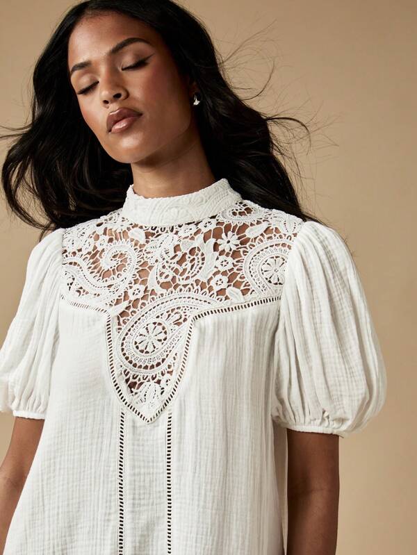 Missguided MISSGUIDED Victorian Inspired High Neck Crochet Lace Puff Sleeves Ruffle Hem Mini Dress