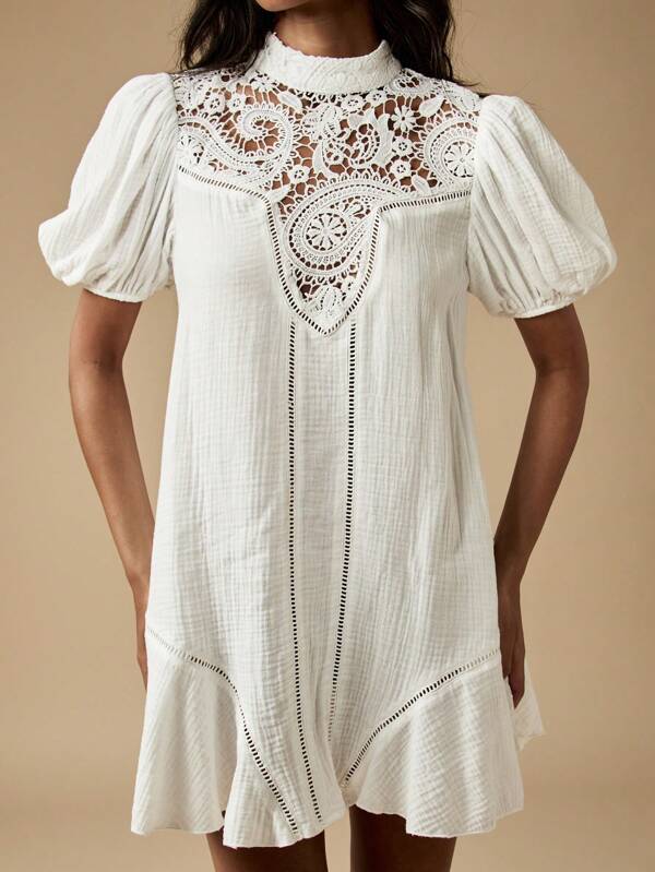 missguided MISSGUIDED Victorian Inspired High Neck Crochet Lace Puff Sleeves Ruffle Hem Mini Dress