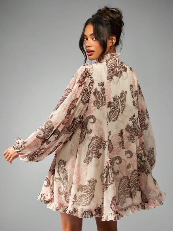 Missguided MISSGUIDED Victorian Paisley Pattern Smocked Mini Dress With Ruffle Hem Long Sleeve
