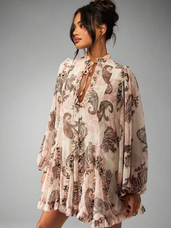 Missguided MISSGUIDED Victorian Paisley Pattern Smocked Mini Dress With Ruffle Hem Long Sleeve