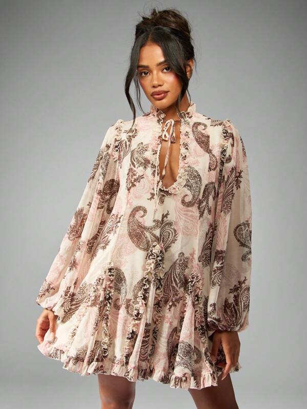 missguided MISSGUIDED Victorian Paisley Pattern Smocked Mini Dress With Ruffle Hem Long Sleeve