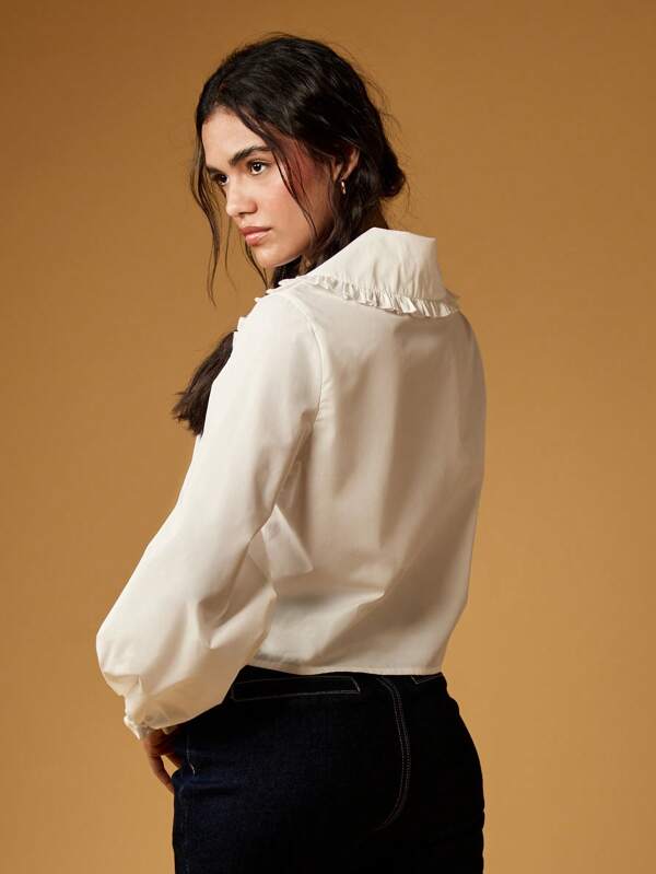 Missguided MISSGUIDED Victorian Style Long Sleeve Ruffle Collar Peter Pan Button Down Elegant Cotton Blouse