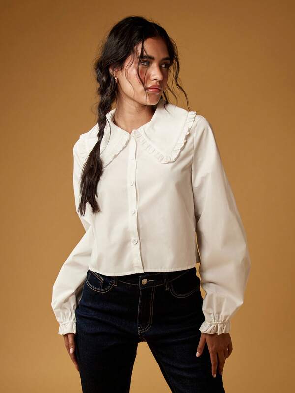 Missguided MISSGUIDED Victorian Style Long Sleeve Ruffle Collar Peter Pan Button Down Elegant Cotton Blouse