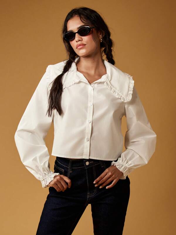 missguided MISSGUIDED Victorian Style Long Sleeve Ruffle Collar Peter Pan Button Down Elegant Cotton Blouse