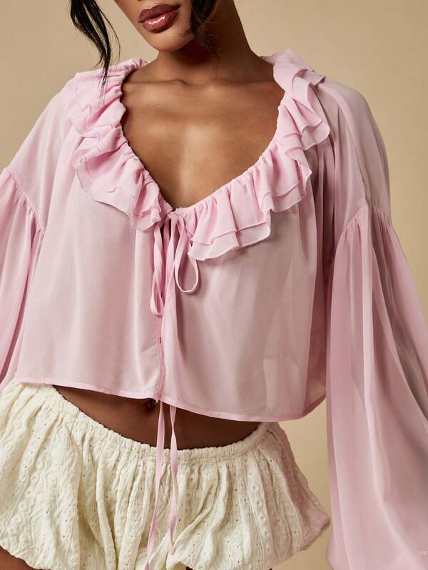 Missguided MISSGUIDED Victorian Style Ruffle Neck Balloon Sleeve Blouse