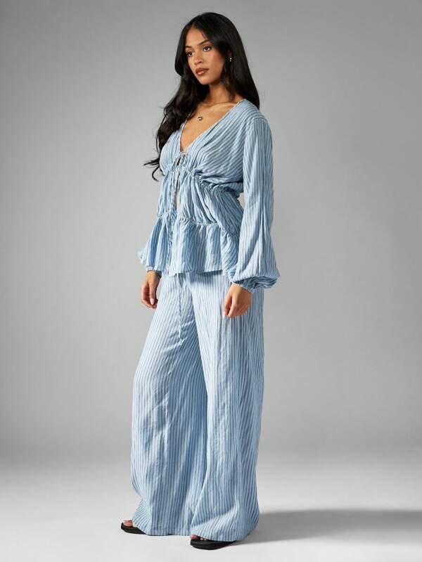 Missguided MISSGUIDED Vintage Inspired Ruffle Waist Wide Leg Palazzo Two Piece