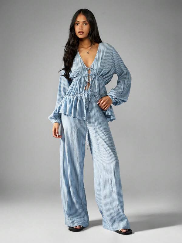 missguided MISSGUIDED Vintage Inspired Ruffle Waist Wide Leg Palazzo Two Piece