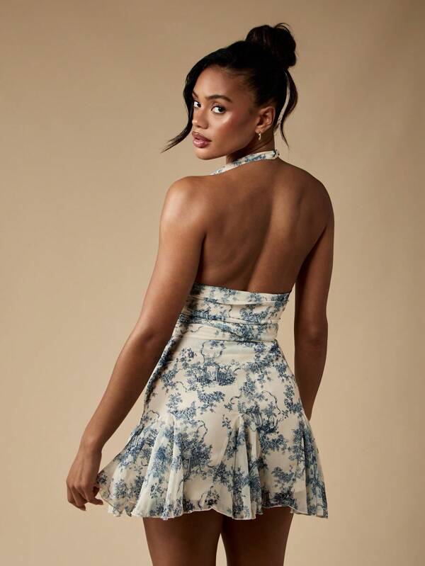 Missguided MISSGUIDED Vintage Toile Print Ruched Wrap Halter Neck Crop Tank Top