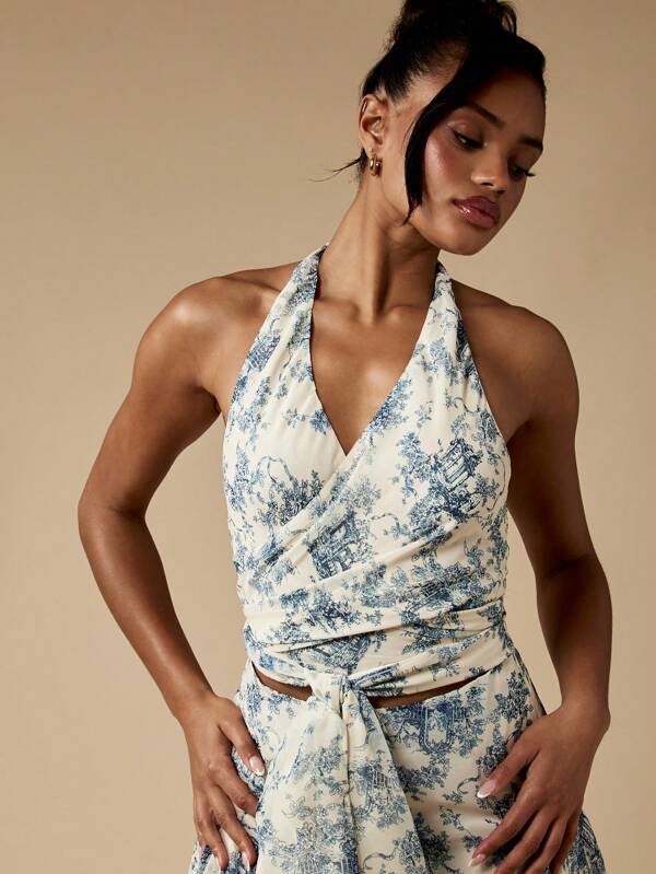 missguided MISSGUIDED Vintage Toile Print Ruched Wrap Halter Neck Crop Tank Top
