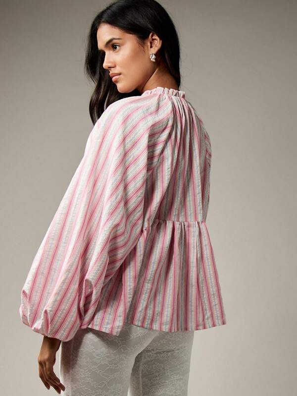 Missguided MISSGUIDED Voluminous Balloon Sleeve Empire Waist Tie Front Ruffled Neckline Blouse