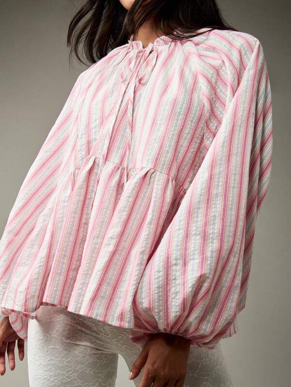 Missguided MISSGUIDED Voluminous Balloon Sleeve Empire Waist Tie Front Ruffled Neckline Blouse
