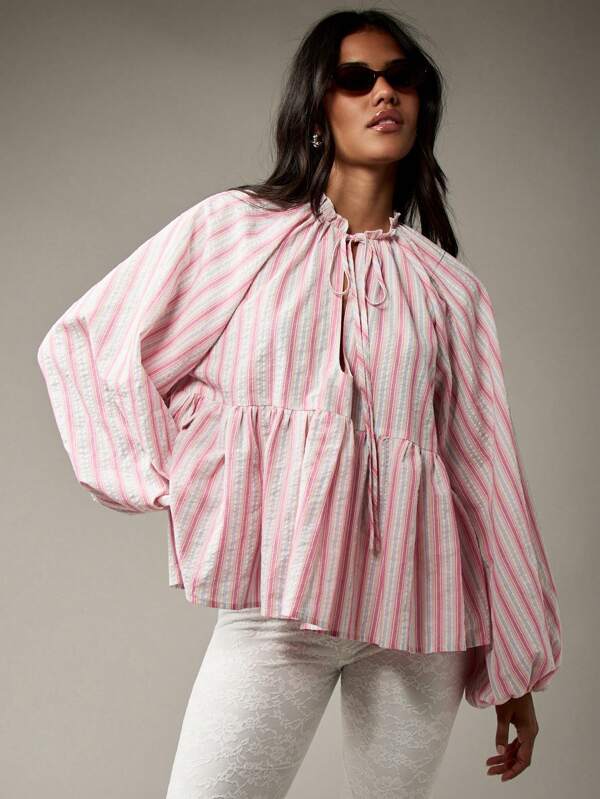 missguided MISSGUIDED Voluminous Balloon Sleeve Empire Waist Tie Front Ruffled Neckline Blouse