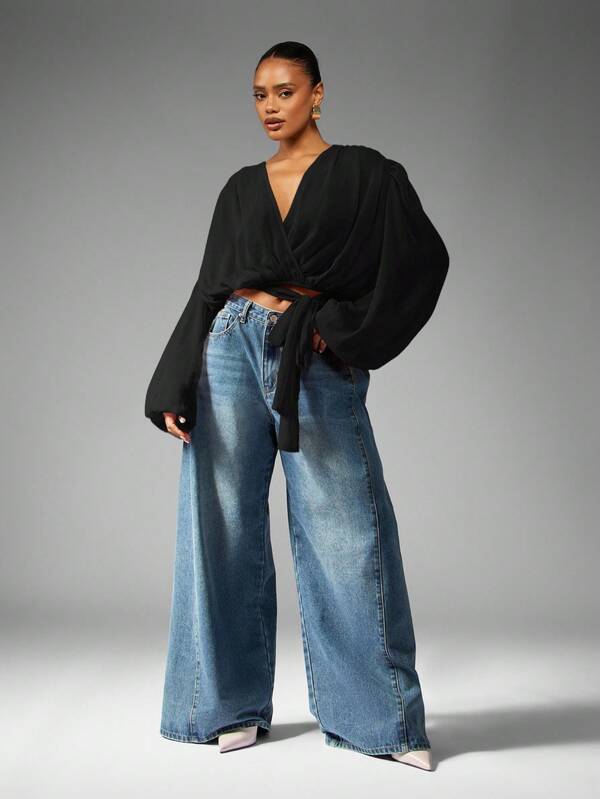 Missguided MISSGUIDED Voluminous Wrap Front Blouse With Balloon Sleeves