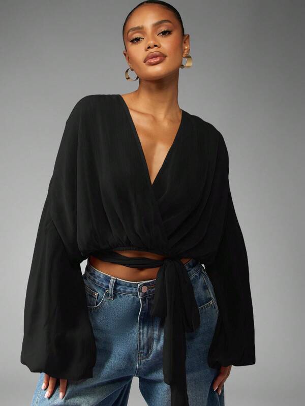Missguided MISSGUIDED Voluminous Wrap Front Blouse With Balloon Sleeves