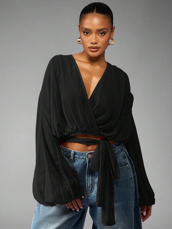 missguided MISSGUIDED Voluminous Wrap Front Blouse With Balloon Sleeves