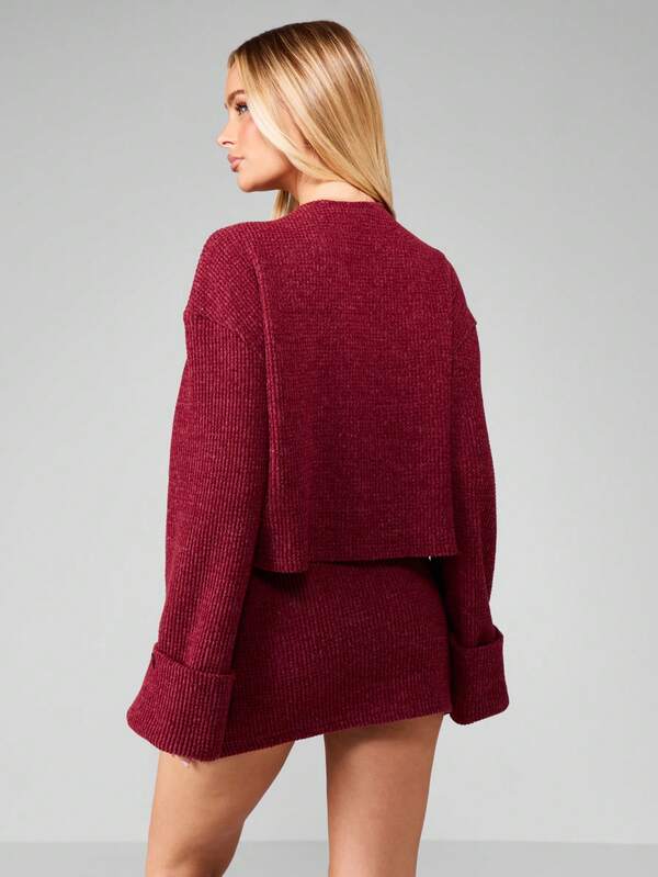 Missguided MISSGUIDED Waffle Knit Cardigan And Mini Skirt Set