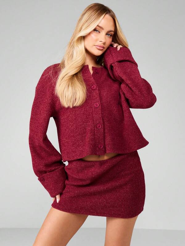 Missguided MISSGUIDED Waffle Knit Cardigan And Mini Skirt Set