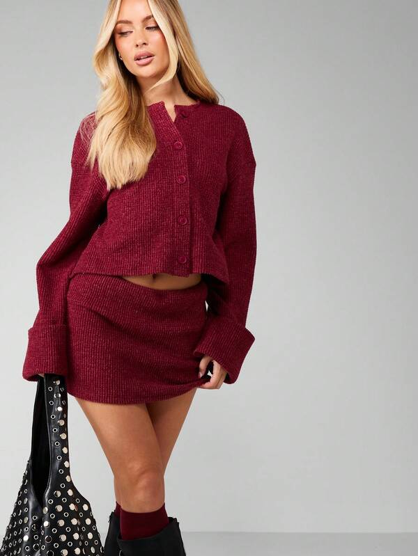 missguided MISSGUIDED Waffle Knit Cardigan And Mini Skirt Set
