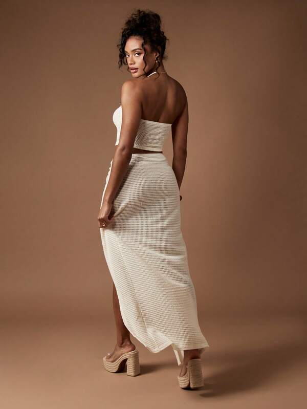 Missguided MISSGUIDED Waffle Knit Ring Detail Bandeau Crop Top Long Maxi Skirt Co-Ord Set