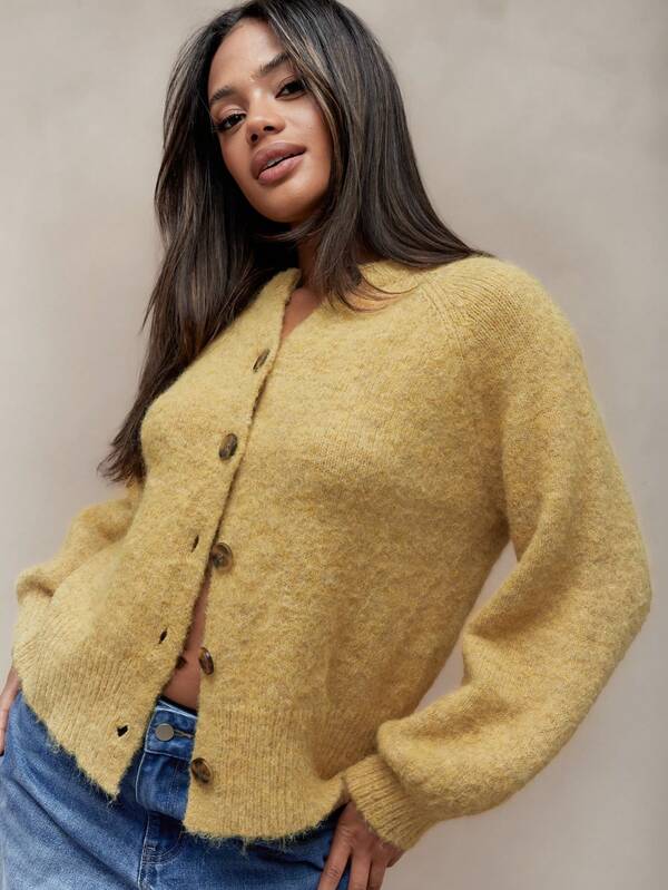 Missguided MISSGUIDED Warm Woollen Round Collar Button Through Balloon Sleeves Cardigan