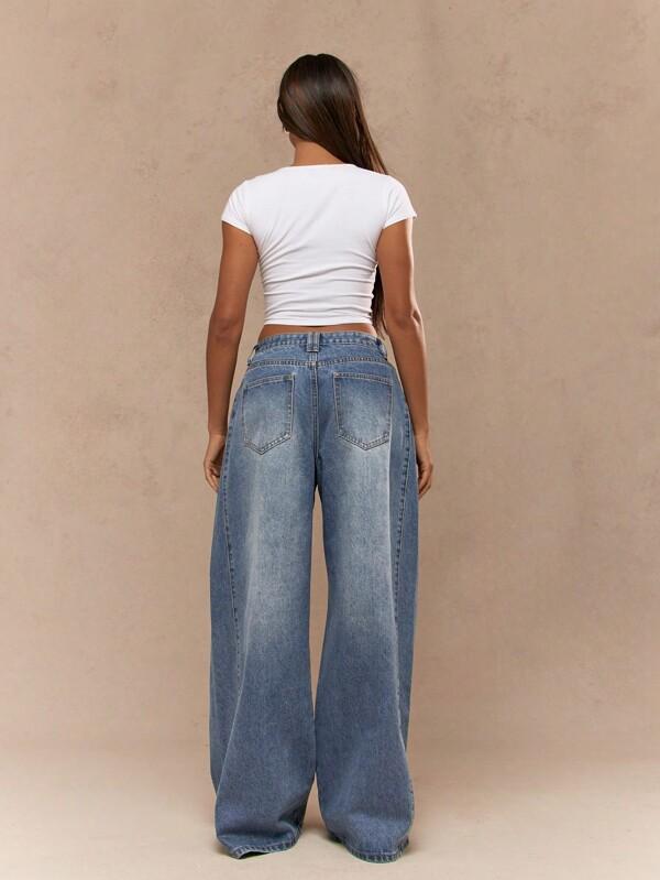 Missguided MISSGUIDED Washed Faded Box Pleated Waistband Wide Leg Low Rise Jeans