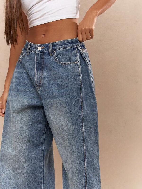 Missguided MISSGUIDED Washed Faded Box Pleated Waistband Wide Leg Low Rise Jeans