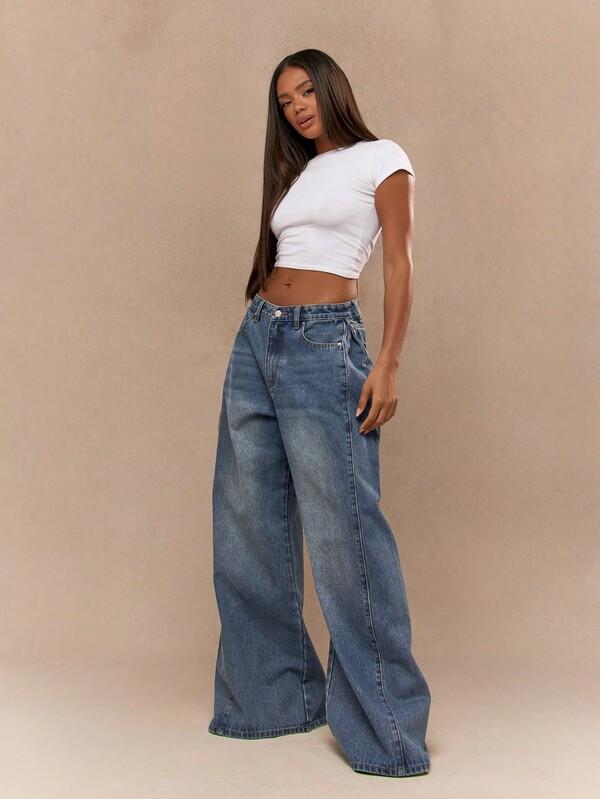 Missguided MISSGUIDED Washed Faded Box Pleated Waistband Wide Leg Low Rise Jeans