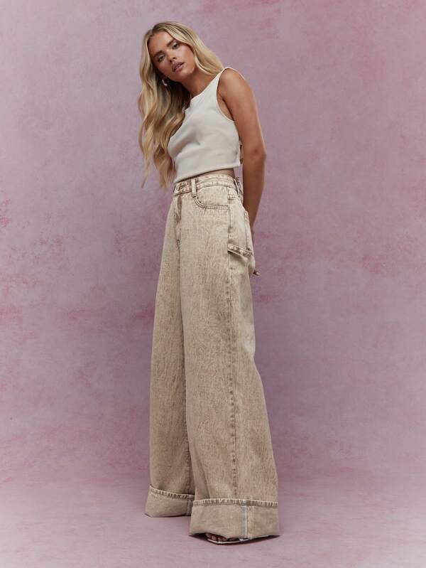 Missguided MISSGUIDED Washed Folded Hem Straight Leg Jeans