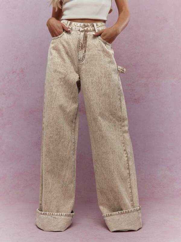 missguided MISSGUIDED Washed Folded Hem Straight Leg Jeans