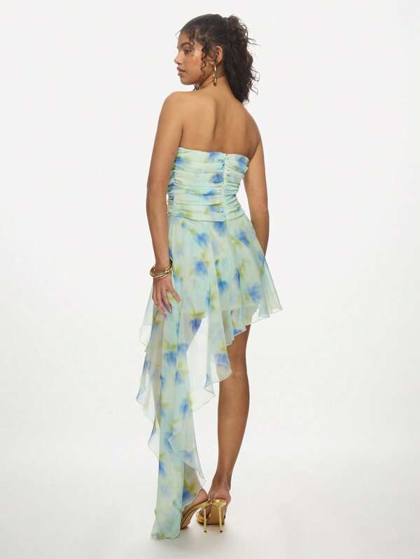 Missguided MISSGUIDED Watercolor Asymmetric Ruched Bodice Flowy Skirt Maxi Dress