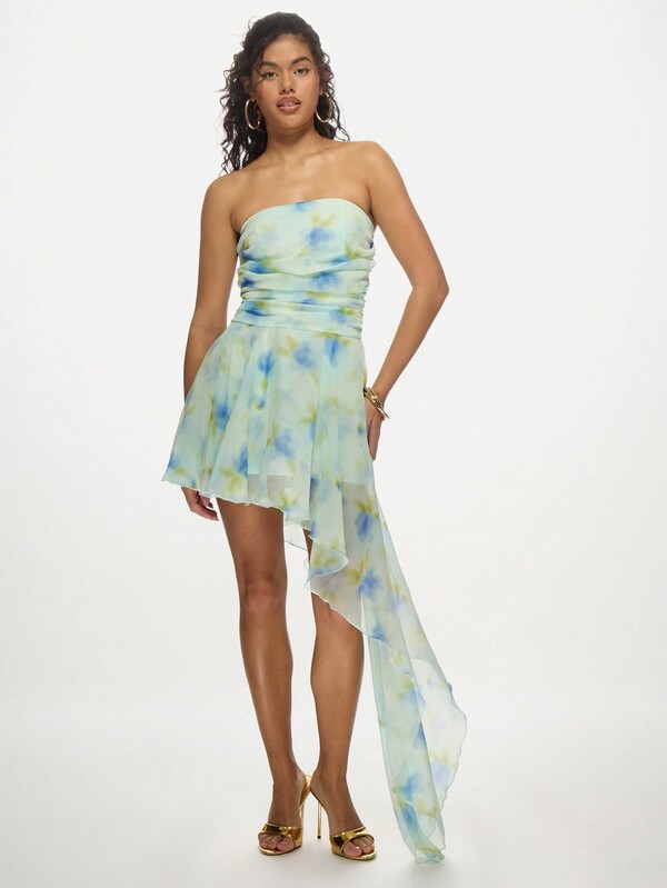 Missguided MISSGUIDED Watercolor Asymmetric Ruched Bodice Flowy Skirt Maxi Dress