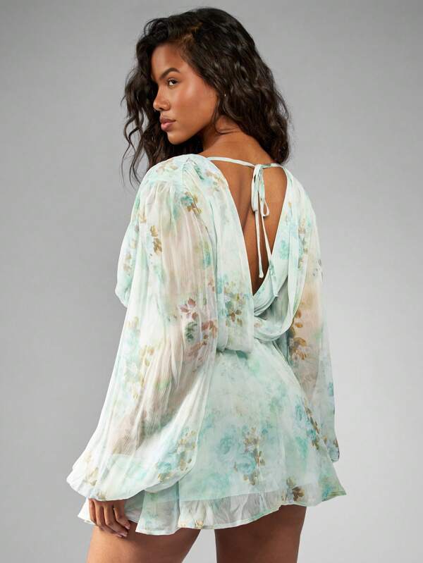Missguided MISSGUIDED Watercolor Floral Chiffon Mini Dress With Volume Balloon Sleeves Empire Waist